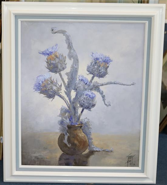 Robert Josset, oil, Les artichauts en fleur and Violettes